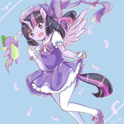 Size: 2048x2048 | Tagged: safe, artist:moh_mlp2, spike, twilight sparkle, alicorn, dragon, anthro, g4, anime, cardcaptor sakura, clothes, crossover, cute, dress, female, hat, high res, magical girl, male, mary janes, moe, pantyhose, plushie, shoes, skirt, skirt lift, twilight sparkle (alicorn)