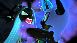 Size: 960x540 | Tagged: safe, artist:lordspiffy, nightmare moon, queen chrysalis, alicorn, changeling, changeling queen, pony, g4, 3d, attack, blender, combat, female, glowing horn, hive, horn, sparkles