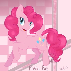 Size: 1200x1200 | Tagged: safe, artist:emptyfaze, pinkie pie, earth pony, pony, g4, abstract background, cutie mark, female, mare, open mouth, raised hoof, solo