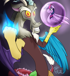 Size: 1400x1500 | Tagged: safe, artist:emptyfaze, discord, twilight sparkle, alicorn, draconequus, pony, g4, antagonist, bubble, duo, evil, female, fire, fist, floppy ears, glowing eyes, gradient background, grin, looking at you, male, mare, smiling, spread wings, twilight sparkle (alicorn), wings