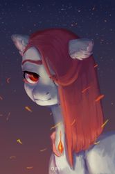 Size: 1024x1543 | Tagged: safe, artist:netymozga, oc, oc only, pony, art trade, ear fluff, embers, eyebrows, female, floppy ears, gem, hair over one eye, lidded eyes, looking at you, mare, solo, starry night, stars