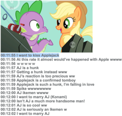 Size: 1294x1226 | Tagged: safe, edit, edited screencap, screencap, applejack, spike, a dog and pony show, g4, duo, hub logo, kissy face, the hub, what japan thinks of mlp