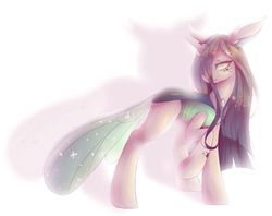 Size: 1024x812 | Tagged: safe, artist:melly-fox, maud pie, queen chrysalis, oc, oc only, oc:replica, changedling, changeling, changeling queen, g4, ethereal mane, female, floppy ears, fusion, heart, lidded eyes, looking at you, purified chrysalis, raised hoof, simple background, solo, starry mane, white background