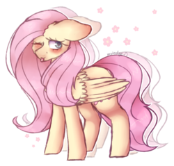 Size: 922x883 | Tagged: safe, artist:melly-fox, fluttershy, pegasus, pony, g4, blushing, female, floppy ears, flower, mare, one eye closed, simple background, solo, tongue out, transparent background, wink
