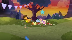 Size: 1920x1080 | Tagged: safe, screencap, cheese sandwich, indian summer, kettle corn, lilac ice, pony, g4, the last laugh, candy, food, laughing, on back, piñata, tree