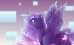 Size: 1024x621 | Tagged: safe, artist:chibuuuowo, artist:melly-fox, nightmare moon, princess luna, alicorn, pony, g4, abstract background, alternate universe, blood, blood moon, collaboration, crying, curved horn, cutie mark, ethereal mane, female, glowing hair, horn, looking up, mare, missing accessory, moon, solo, spread wings, starry mane, transformation, wings
