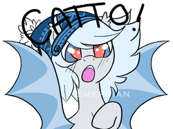 Size: 2048x1535 | Tagged: safe, artist:emersian, oc, oc only, oc:silver puff, oc:snow puff, bat pony, pony, bat pony oc, beanie, cute, hat, heart eyes, open mouth, raised hoof, simple background, solo, speech, spread wings, watermark, white background, wingding eyes, wings