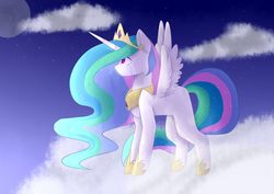 Size: 1024x727 | Tagged: safe, artist:chibuuuowo, princess celestia, alicorn, pony, g4, cloud, crying, ethereal mane, female, jewelry, mare, missing cutie mark, night, redraw, regalia, solo, speedpaint available, spread wings, starry mane, stars, wings