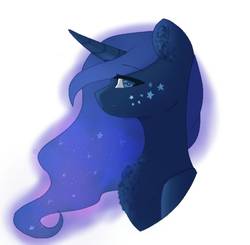 Size: 1485x1457 | Tagged: safe, artist:chibuuuowo, princess luna, pony, g4, beauty mark, bust, chest fluff, ear fluff, ethereal mane, eye clipping through hair, female, looking at you, mare, missing accessory, simple background, solo, starry mane, white background