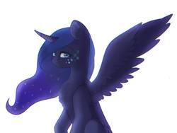 Size: 1501x1127 | Tagged: safe, artist:chibuuuowo, princess luna, alicorn, pony, g4, beauty mark, chest fluff, curved horn, ear fluff, ethereal mane, female, frown, horn, looking at you, mare, missing accessory, one wing out, simple background, sitting, solo, starry mane, white background, wings