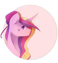 Size: 542x579 | Tagged: safe, artist:chibuuuowo, princess cadance, pony, g4, alternate hairstyle, beauty mark, bust, curved horn, eyebrows, eyebrows visible through hair, female, hair bun, heart, horn, looking at you, looking sideways, mare, missing accessory, profile, solo