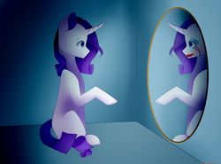 Size: 1024x756 | Tagged: safe, artist:chibuuuowo, rarity, pony, unicorn, g4, curved horn, eyeshadow, female, horn, lipstick, makeup, mare, mascara, mirror, missing cutie mark, raised hoof, redraw, reflection, running makeup, sad, sitting, solo