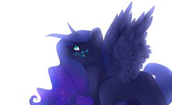 Size: 1024x621 | Tagged: safe, artist:chibuuuowo, princess luna, alicorn, pony, g4, beauty mark, curved horn, ethereal mane, female, galaxy mane, horn, looking up, mare, missing accessory, missing cutie mark, simple background, solo, spread wings, starry mane, white background, wings