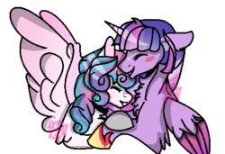 Size: 448x306 | Tagged: safe, artist:kiwi4578, princess flurry heart, twilight sparkle, alicorn, pony, g4, adult, aunt and niece, chest fluff, duo, duo female, eyes closed, female, hug, older, older flurry heart, simple background, spread wings, transparent background, twilight sparkle (alicorn), wings