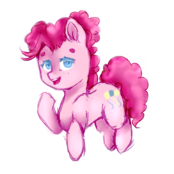 Size: 1024x1024 | Tagged: safe, artist:chibuuuowo, pinkie pie, pony, g4, alternate hairstyle, beanbrows, blushing, chibi, cutie mark, eyebrows, female, looking at you, mare, open mouth, raised hoof, simple background, solo, transparent background