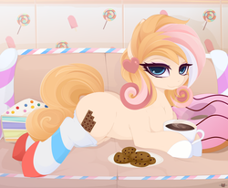 Size: 6075x5000 | Tagged: safe, alternate version, artist:xsatanielx, oc, oc only, oc:laurie magmel, earth pony, pony, rcf community, clothes, coffee, coffee mug, commission, cookie, female, food, looking at you, mare, mug, prone, socks, solo, striped socks