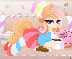 Size: 6075x5000 | Tagged: safe, alternate version, artist:xsatanielx, oc, oc only, oc:laurie magmel, earth pony, pony, rcf community, beautiful, chocolate, clothes, coffee, coffee mug, commission, cookie, female, food, hat, hot chocolate, looking at you, mare, mug, pleated skirt, prone, skirt, socks, solo, striped socks, thigh highs