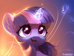 Size: 6537x4961 | Tagged: safe, artist:freeedon, twilight sparkle, butterfly, pony, unicorn, absurd resolution, backlighting, bust, cute, ear fluff, eyebrows, eyebrows visible through hair, eyelashes, female, filly, foal, glowing horn, horn, looking at something, magic, open mouth, open smile, portrait, signature, smiling, solo, twiabetes, wallpaper, younger
