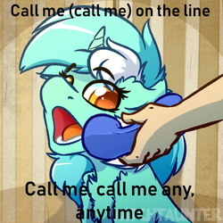 Size: 1000x1000 | Tagged: safe, artist:witchtaunter, edit, editor:didgereethebrony, lyra heartstrings, human, pony, unicorn, g4, background pony, behaving like a dog, blondie (band), call me, female, mare, meme, phone, ponified animal photo, solo, song reference, yes this is dog