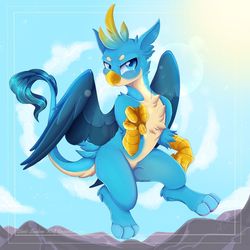 Size: 1024x1024 | Tagged: safe, artist:pvrii, gallus, griffon, cheek fluff, chest fluff, cloud, flying, looking at you, male, mountain, paws, smiling, solo, talons