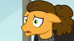 Size: 1920x1080 | Tagged: safe, screencap, cheese sandwich, earth pony, pony, g4, the last laugh, alternate hairstyle, clothes, floppy ears, male, solo, stallion, sweater, turtleneck