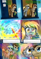 Size: 1562x2254 | Tagged: safe, artist:jitterbugjive, derpy hooves, doctor whooves, time turner, earth pony, pegasus, pony, lovestruck derpy, g4, sonic rainboom (episode), ask, blushing, comic, crossover, doctor who, female, male, mare, necktie, ship:doctorderpy, shipping, sonic rainboom, stallion, straight, tardis, the doctor, tumblr, underp