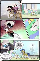 Size: 725x1103 | Tagged: safe, artist:candyclumsy, nightmare moon, princess celestia, alicorn, pegasus, pony, comic:attempted sorroricide, g4, assassin's creed, attempted murder, cewestia, comic, dagger, fail, female, filly, nightmare woon, royal guard, trampoline, weapon, woona, younger