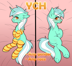 Size: 4345x4000 | Tagged: dead source, safe, artist:dinoalpaka, lyra heartstrings, pony, unicorn, rcf community, g4, body pillow, body pillow design, butt, clothes, commission, female, plot, socks, solo, stockings, striped socks, thigh highs, your character here