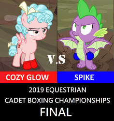 Size: 856x908 | Tagged: safe, edit, edited screencap, screencap, cozy glow, spike, frenemies (episode), g4, molt down, boxing, imminent pain, sports, this will end in pain, versus
