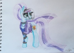 Size: 1265x904 | Tagged: safe, artist:glitteringdew, coloratura, earth pony, pony, g4, the mane attraction, clothes, colored pencil drawing, countess coloratura, female, raised hoof, signature, simple background, solo, the spectacle, traditional art, white background