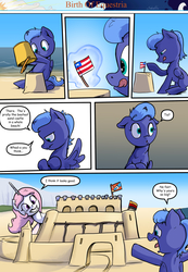 Size: 1280x1853 | Tagged: safe, artist:shieltar, princess celestia, princess luna, pony, comic:birth of equestria, g4, cewestia, comic, female, filly, flag, liberia, pink-mane celestia, sandcastle, woona, younger