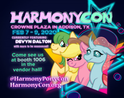 Size: 2115x1686 | Tagged: safe, artist:cadetredshirt, ocellus, oc, oc:harmonic tune, oc:harmony star, changedling, changeling, earth pony, pegasus, pony, g4, advertisement, harmonycon, harmonycon 2020, trio
