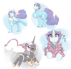 Size: 3296x3184 | Tagged: safe, artist:helixjack, oc, oc only, oc:mew, pony, unicorn, bow, clothes, confused, eyes closed, female, hair bow, high res, hoof shoes, horn, latex, latex dress, latex socks, latex suit, mare, question mark, raised hoof, simple background, socks, unicorn oc, white background