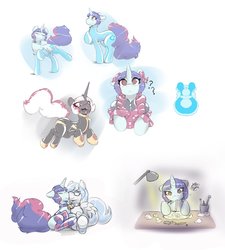 Size: 1650x1830 | Tagged: safe, alternate version, artist:helixjack, oc, oc only, oc:mew, pegasus, pony, unicorn, bow, clothes, confused, desk, drawing, eyes closed, female, hair bow, hoof shoes, horn, latex, latex dress, latex socks, latex suit, mare, mouth hold, pegasus oc, pencil, question mark, raised hoof, simple background, socks, striped socks, unicorn oc, white background, wings