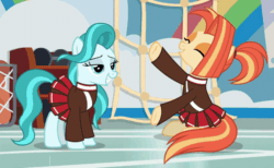 Size: 960x592 | Tagged: safe, screencap, lighthoof, shimmy shake, earth pony, pony, 2 4 6 greaaat, g4, animated, cheerleader, clothes, cropped, cute, duo, eyes closed, female, gif, lightorable, mare, nuzzling, pleated skirt, ponytail, school of friendship, shakeabetes, skirt, sweater