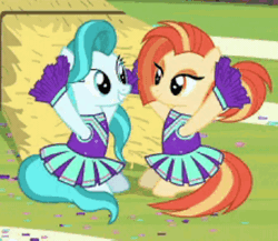 Size: 345x300 | Tagged: safe, screencap, lighthoof, shimmy shake, pony, 2 4 6 greaaat, g4, animated, cheerleader, cropped, cute, female, gif, hay bale, hug, laughing, lightorable, looking at each other, pom pom, shakeabetes