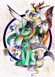 Size: 1024x1429 | Tagged: safe, artist:lailyren, oc, oc only, oc:fortune, draconequus, hybrid, pony, unicorn, commission, draconequus oc, fanfic art, luck, mixed media, original art, tarot card, traditional art, watercolor painting, wheel of fortune, writer:malvagio