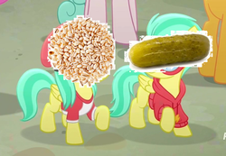 Size: 698x482 | Tagged: safe, edit, edited screencap, screencap, barley barrel, pickle barrel, pegasus, pony, g4, my little pony: rainbow roadtrip, barley, food, name pun, op is on drugs, pickle, pun, visual pun, wat, what is this, wtf