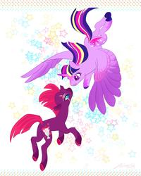 Size: 1600x2000 | Tagged: safe, artist:creeate97, fizzlepop berrytwist, tempest shadow, twilight sparkle, alicorn, pony, unicorn, g4, abstract background, broken horn, butt, colored hooves, cutie mark, duo, eye scar, female, horn, implied lesbian, implied shipping, implied tempestlight, lesbian, looking at each other, mare, multicolored hair, plot, scar, ship:tempestlight, shipping, signature, smiling, spread wings, tempest's cutie mark, twilight sparkle (alicorn), wings