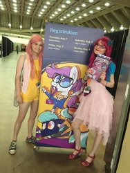 Size: 900x1200 | Tagged: safe, fluttershy, pinkie pie, human, g4, clothes, converse, cosplay, costume, high heels, irl, irl human, photo, ponycon, shoes