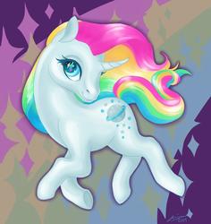 Size: 1700x1800 | Tagged: safe, artist:creeate97, moonstone, pony, unicorn, g1, abstract background, female, mare, rainbow hair, solo, starry eyes, wingding eyes