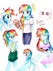 Size: 2218x2957 | Tagged: safe, artist:liaaqila, rainbow dash, human, pegasus, pony, equestria girls, g4, alternate hairstyle, alternate universe, apple cider, belt, cider, clothes, dress, eyes closed, eyes on the prize, female, high res, hijab, human ponidox, irony, jeans, mare, mug, open mouth, pants, ponytail, self paradox, self ponidox, shirt, shorts, simple background, smiling, spread wings, t-shirt, tank top, tongue out, traditional art, white background, wings