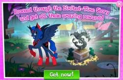 Size: 1032x679 | Tagged: safe, gameloft, discord, princess luna, g4, idw, reflections, spoiler:comic, advertisement, captain goodguy, discord is not amused, evil counterpart, evil luna, idw showified, limited-time story, mirror universe, statue, unamused