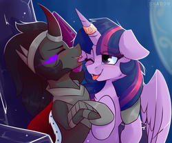 Size: 1800x1500 | Tagged: safe, artist:php97, king sombra, twilight sparkle, alicorn, pony, unicorn, g4, biting, blood, commission, ear bite, fangs, female, floppy ears, horn, horn ring, male, mare, ship:twibra, shipping, sombra eyes, stallion, straight, twilight sparkle (alicorn)