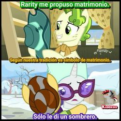 Size: 960x960 | Tagged: safe, edit, edited screencap, screencap, butternut, pistachio, rarity, earth pony, pony, unicorn, best gift ever, g4, female, hug, male, raristachio, shipping, spanish, straight, translated in the description, winter outfit