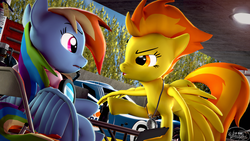 Size: 3840x2160 | Tagged: safe, artist:whiteskyline, rainbow dash, spitfire, pegasus, pony, g4, 3d, binoculars, car, chronometer, fire extinguisher, ford gt, ford gt le mans, ford gt40, goggles, high res, looking at each other, motorsport, racecar, radio, signature, source filmmaker, table, tires, toolbox, wonderbolts