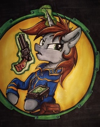 Size: 1694x2160 | Tagged: safe, artist:sharimapic, oc, oc only, oc:littlepip, pony, unicorn, fallout equestria, badass pone, clothes, fallout, fanfic, fanfic art, female, glowing horn, gun, handgun, hooves, horn, jumpsuit, levitation, little macintosh, magic, mare, open mouth, optical sight, pipbuck, revolver, scope, solo, telekinesis, traditional art, vault suit, weapon