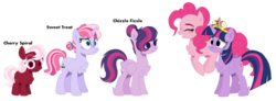 Size: 1456x536 | Tagged: dead source, safe, artist:cinnam0chi, pinkie pie, twilight sparkle, oc, oc:cherry spiral, oc:chizzle fizzle, oc:sweet treat, alicorn, pony, g4, big crown thingy, chest fluff, family, female, jewelry, lesbian, magical lesbian spawn, offspring, parent:pinkie pie, parent:twilight sparkle, parents:twinkie, regalia, ship:twinkie, shipping, simple background, transparent background, twilight sparkle (alicorn)