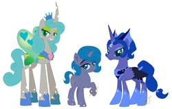 Size: 1067x674 | Tagged: safe, artist:g0ldentoothpick, princess luna, queen chrysalis, changeling, changeling queen, changepony, hybrid, g4, chrysaluna, family, female, interspecies offspring, lesbian, magical lesbian spawn, mirror universe, offspring, parent:princess luna, parent:queen chrysalis, parents:chrysaluna, reversalis, shipping