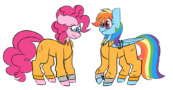 Size: 4500x2352 | Tagged: safe, artist:crazysketch101, pinkie pie, rainbow dash, earth pony, pegasus, pony, g4, clothes, cuffs, duo, female, lesbian, prison outfit, prisoner pp, prisoner rd, ship:pinkiedash, shipping